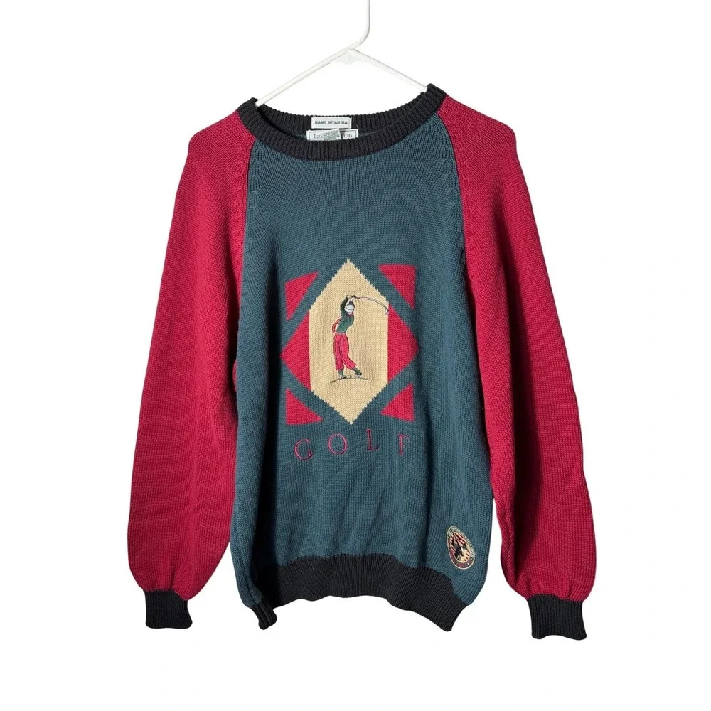 Vintage Izod Club 1992 US Open‎ Pebble Beach Golf Sweater Teal Red Mens S preppy
